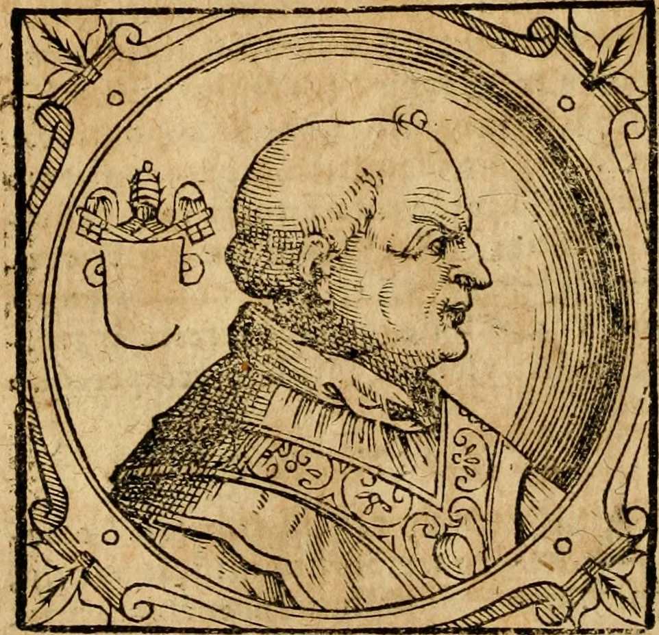 An illustration from Historia B. Platinae de vitis pontificum Romanorum : a D.N. Jesu Christo usque ad Paulum II. venetum papam : longe' quam antea emendatior, doctissimarumq[ue] annotationum Onuphrii Panuinii accessione nunc illustrior reddita : cui, eiusdem Onuphrii accurata atque fideli operâ, reliquorum pontificum vitae, usq[ue] ad Pium V. & Antonii Ciccarellae, usq[ue] ad Clementem VIII. qui hodiè sanctæ Romanae Catholicae ecclesiae præsidet, adiunctæ sunt : accesserunt nunc demum omnium pontificum verae effigies : omnia summo studio emendata & correcta, 1600, leaf 151