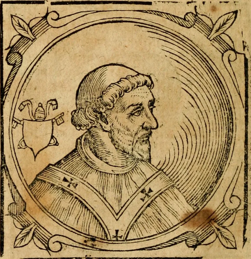 An illustration from Historia B. Platinae de vitis pontificum Romanorum : a D.N. Jesu Christo usque ad Paulum II. venetum papam : longe' quam antea emendatior, doctissimarumq[ue] annotationum Onuphrii Panuinii accessione nunc illustrior reddita : cui, eiusdem Onuphrii accurata atque fideli operâ, reliquorum pontificum vitae, usq[ue] ad Pium V. & Antonii Ciccarellae, usq[ue] ad Clementem VIII. qui hodiè sanctæ Romanae Catholicae ecclesiae præsidet, adiunctæ sunt : accesserunt nunc demum omnium pontificum verae effigies : omnia summo studio emendata & correcta, 1600, leaf 151