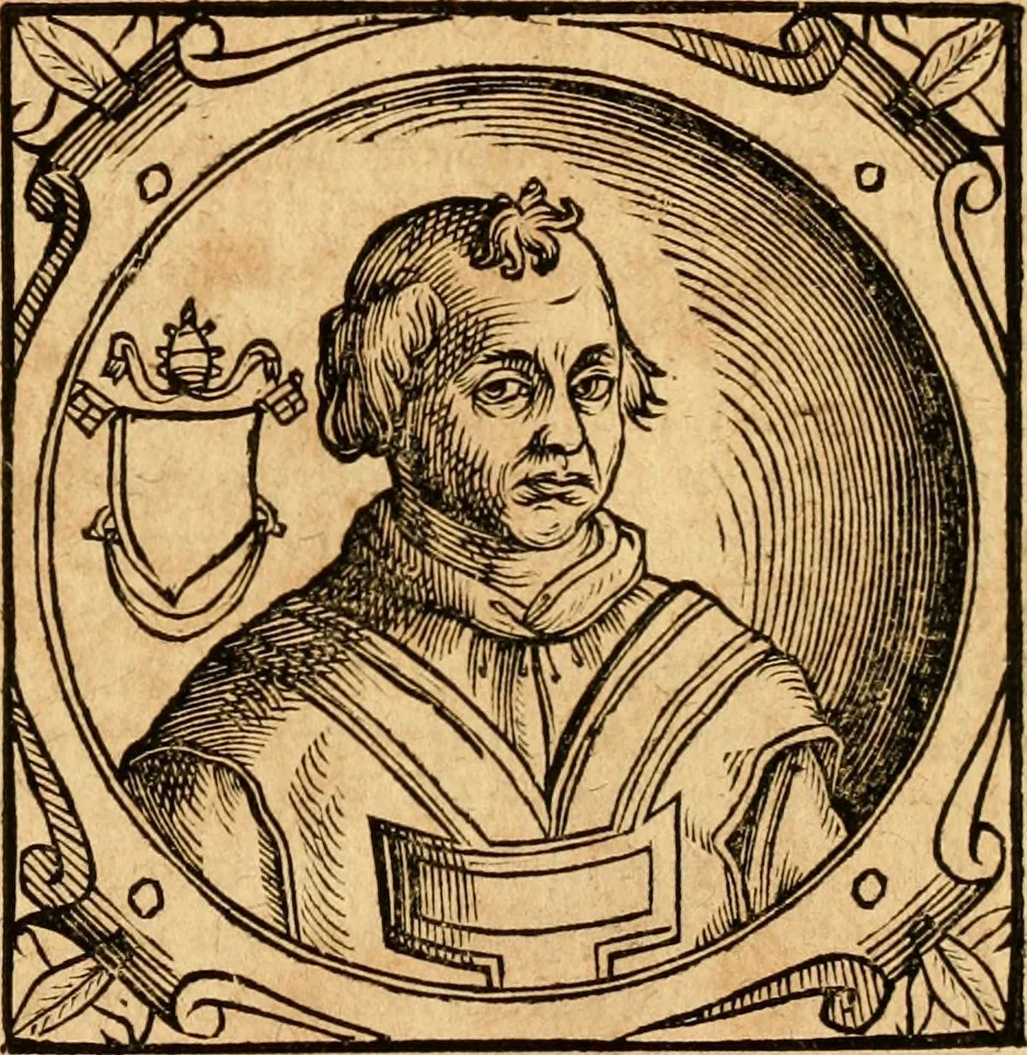 An illustration from Historia B. Platinae de vitis pontificum Romanorum : a D.N. Jesu Christo usque ad Paulum II. venetum papam : longe' quam antea emendatior, doctissimarumq[ue] annotationum Onuphrii Panuinii accessione nunc illustrior reddita : cui, eiusdem Onuphrii accurata atque fideli operâ, reliquorum pontificum vitae, usq[ue] ad Pium V. & Antonii Ciccarellae, usq[ue] ad Clementem VIII. qui hodiè sanctæ Romanae Catholicae ecclesiae præsidet, adiunctæ sunt : accesserunt nunc demum omnium pontificum verae effigies : omnia summo studio emendata & correcta, 1600, leaf 152
