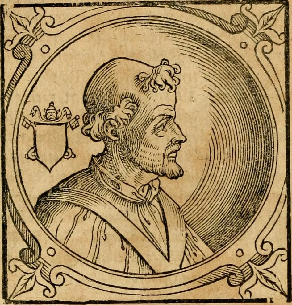 An illustration from Historia B. Platinae de vitis pontificum Romanorum : a D.N. Jesu Christo usque ad Paulum II. venetum papam : longe' quam antea emendatior, doctissimarumq[ue] annotationum Onuphrii Panuinii accessione nunc illustrior reddita : cui, eiusdem Onuphrii accurata atque fideli operâ, reliquorum pontificum vitae, usq[ue] ad Pium V. & Antonii Ciccarellae, usq[ue] ad Clementem VIII. qui hodiè sanctæ Romanae Catholicae ecclesiae præsidet, adiunctæ sunt : accesserunt nunc demum omnium pontificum verae effigies : omnia summo studio emendata & correcta, 1600, leaf 153