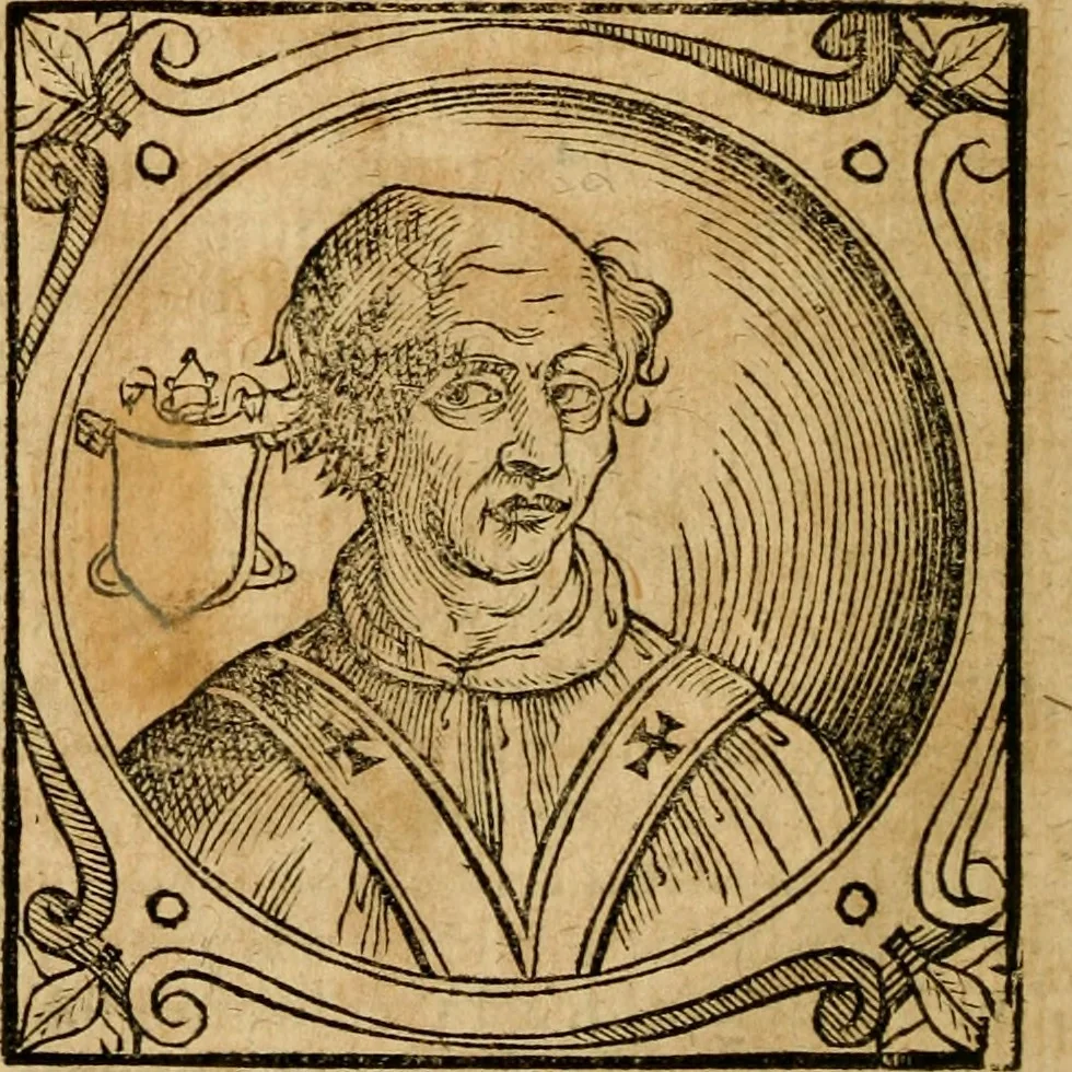 An illustration from Historia B. Platinae de vitis pontificum Romanorum : a D.N. Jesu Christo usque ad Paulum II. venetum papam : longe' quam antea emendatior, doctissimarumq[ue] annotationum Onuphrii Panuinii accessione nunc illustrior reddita : cui, eiusdem Onuphrii accurata atque fideli operâ, reliquorum pontificum vitae, usq[ue] ad Pium V. & Antonii Ciccarellae, usq[ue] ad Clementem VIII. qui hodiè sanctæ Romanae Catholicae ecclesiae præsidet, adiunctæ sunt : accesserunt nunc demum omnium pontificum verae effigies : omnia summo studio emendata & correcta, 1600, leaf 153