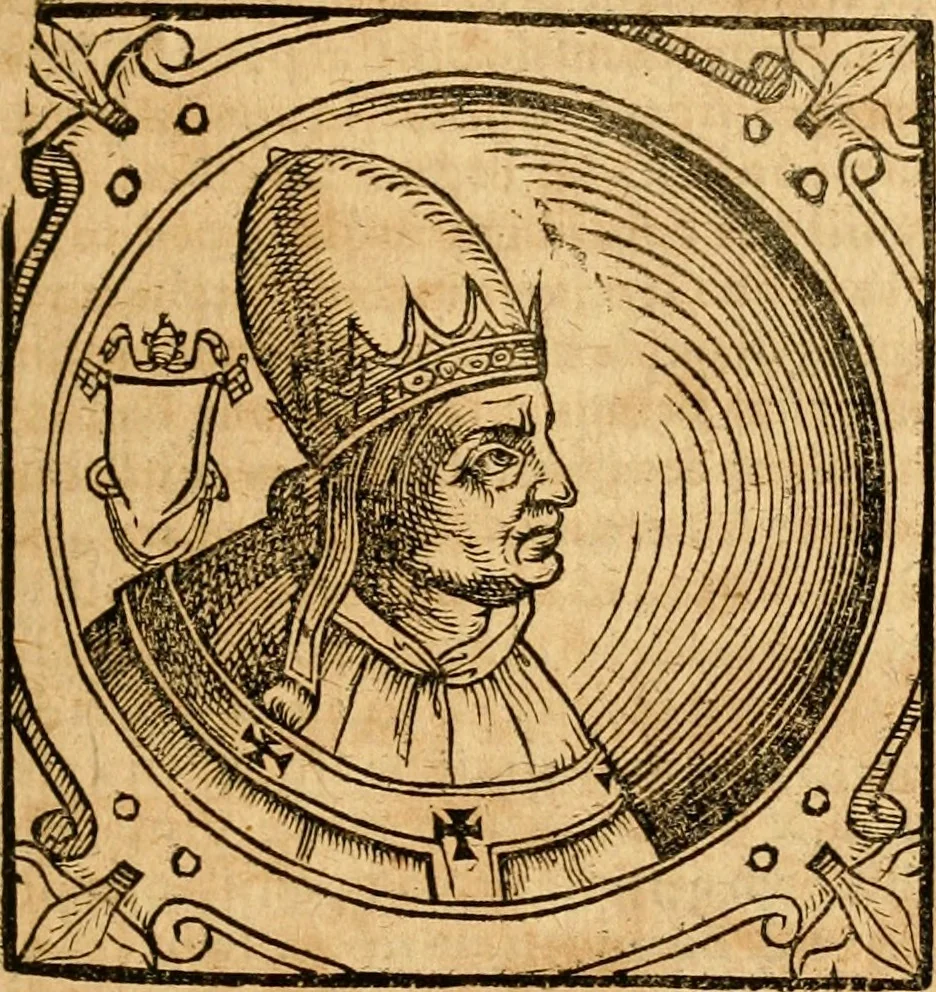 An illustration from Historia B. Platinae de vitis pontificum Romanorum : a D.N. Jesu Christo usque ad Paulum II. venetum papam : longe' quam antea emendatior, doctissimarumq[ue] annotationum Onuphrii Panuinii accessione nunc illustrior reddita : cui, eiusdem Onuphrii accurata atque fideli operâ, reliquorum pontificum vitae, usq[ue] ad Pium V. & Antonii Ciccarellae, usq[ue] ad Clementem VIII. qui hodiè sanctæ Romanae Catholicae ecclesiae præsidet, adiunctæ sunt : accesserunt nunc demum omnium pontificum verae effigies : omnia summo studio emendata & correcta, 1600, leaf 154