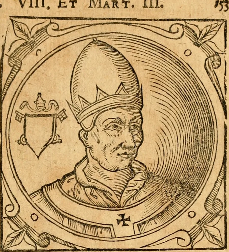 An illustration from Historia B. Platinae de vitis pontificum Romanorum : a D.N. Jesu Christo usque ad Paulum II. venetum papam : longe' quam antea emendatior, doctissimarumq[ue] annotationum Onuphrii Panuinii accessione nunc illustrior reddita : cui, eiusdem Onuphrii accurata atque fideli operâ, reliquorum pontificum vitae, usq[ue] ad Pium V. & Antonii Ciccarellae, usq[ue] ad Clementem VIII. qui hodiè sanctæ Romanae Catholicae ecclesiae præsidet, adiunctæ sunt : accesserunt nunc demum omnium pontificum verae effigies : omnia summo studio emendata & correcta, 1600, leaf 154