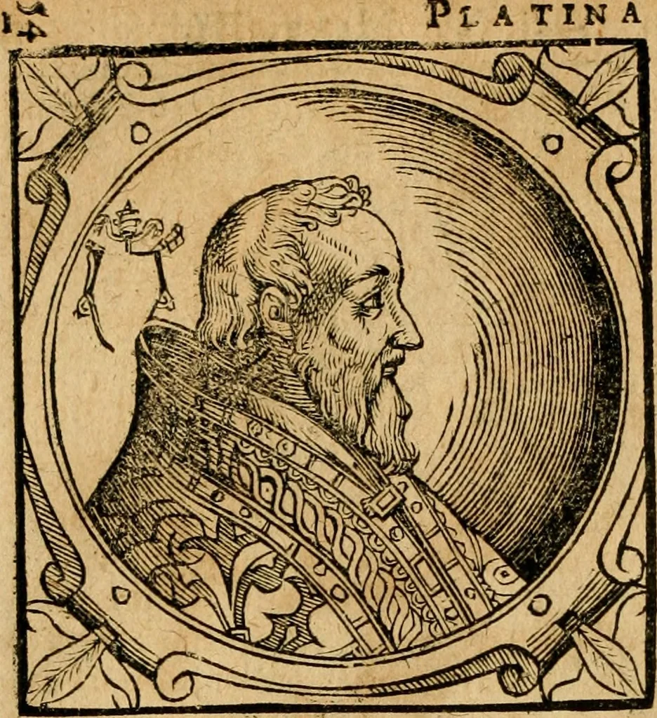 An illustration from Historia B. Platinae de vitis pontificum Romanorum : a D.N. Jesu Christo usque ad Paulum II. venetum papam : longe' quam antea emendatior, doctissimarumq[ue] annotationum Onuphrii Panuinii accessione nunc illustrior reddita : cui, eiusdem Onuphrii accurata atque fideli operâ, reliquorum pontificum vitae, usq[ue] ad Pium V. & Antonii Ciccarellae, usq[ue] ad Clementem VIII. qui hodiè sanctæ Romanae Catholicae ecclesiae præsidet, adiunctæ sunt : accesserunt nunc demum omnium pontificum verae effigies : omnia summo studio emendata & correcta, 1600, leaf 155
