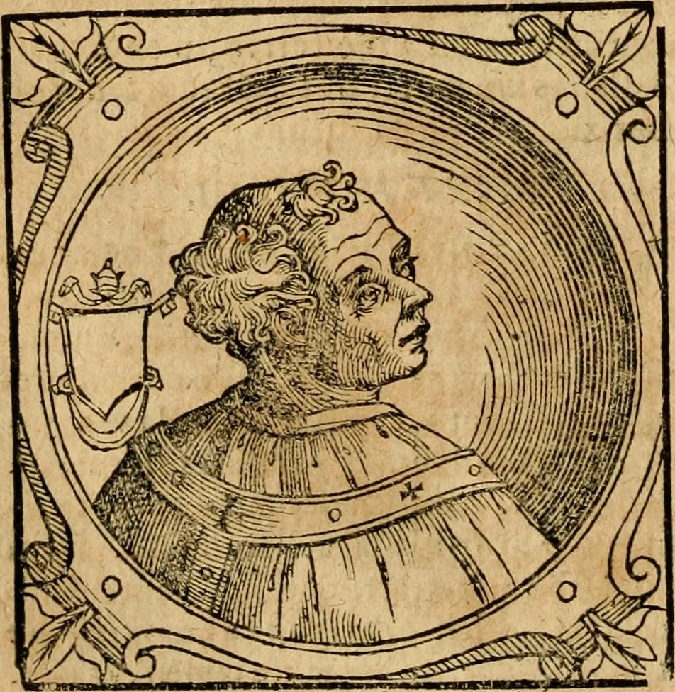 An illustration from Historia B. Platinae de vitis pontificum Romanorum : a D.N. Jesu Christo usque ad Paulum II. venetum papam : longe' quam antea emendatior, doctissimarumq[ue] annotationum Onuphrii Panuinii accessione nunc illustrior reddita : cui, eiusdem Onuphrii accurata atque fideli operâ, reliquorum pontificum vitae, usq[ue] ad Pium V. & Antonii Ciccarellae, usq[ue] ad Clementem VIII. qui hodiè sanctæ Romanae Catholicae ecclesiae præsidet, adiunctæ sunt : accesserunt nunc demum omnium pontificum verae effigies : omnia summo studio emendata & correcta, 1600, leaf 155