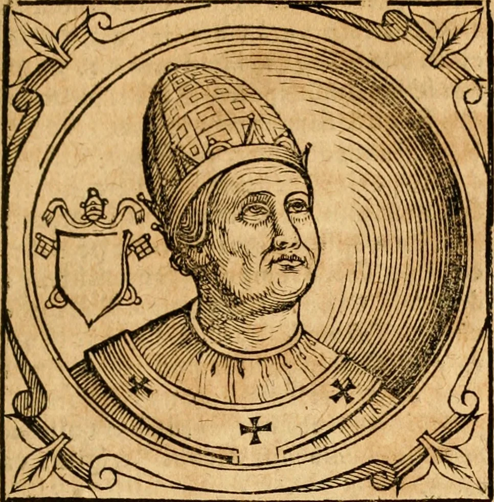 An illustration from Historia B. Platinae de vitis pontificum Romanorum : a D.N. Jesu Christo usque ad Paulum II. venetum papam : longe' quam antea emendatior, doctissimarumq[ue] annotationum Onuphrii Panuinii accessione nunc illustrior reddita : cui, eiusdem Onuphrii accurata atque fideli operâ, reliquorum pontificum vitae, usq[ue] ad Pium V. & Antonii Ciccarellae, usq[ue] ad Clementem VIII. qui hodiè sanctæ Romanae Catholicae ecclesiae præsidet, adiunctæ sunt : accesserunt nunc demum omnium pontificum verae effigies : omnia summo studio emendata & correcta, 1600, leaf 156