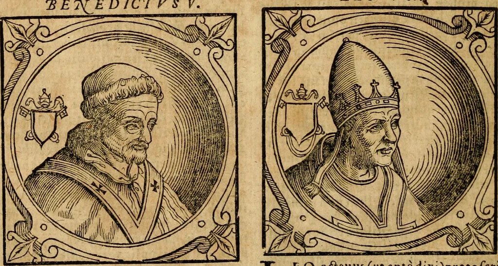 An illustration from Historia B. Platinae de vitis pontificum Romanorum : a D.N. Jesu Christo usque ad Paulum II. venetum papam : longe' quam antea emendatior, doctissimarumq[ue] annotationum Onuphrii Panuinii accessione nunc illustrior reddita : cui, eiusdem Onuphrii accurata atque fideli operâ, reliquorum pontificum vitae, usq[ue] ad Pium V. & Antonii Ciccarellae, usq[ue] ad Clementem VIII. qui hodiè sanctæ Romanae Catholicae ecclesiae præsidet, adiunctæ sunt : accesserunt nunc demum omnium pontificum verae effigies : omnia summo studio emendata & correcta, 1600, leaf 157
