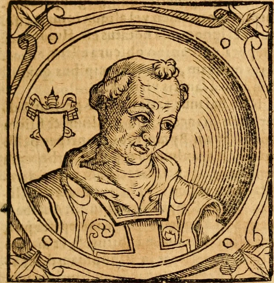 An illustration from Historia B. Platinae de vitis pontificum Romanorum : a D.N. Jesu Christo usque ad Paulum II. venetum papam : longe' quam antea emendatior, doctissimarumq[ue] annotationum Onuphrii Panuinii accessione nunc illustrior reddita : cui, eiusdem Onuphrii accurata atque fideli operâ, reliquorum pontificum vitae, usq[ue] ad Pium V. & Antonii Ciccarellae, usq[ue] ad Clementem VIII. qui hodiè sanctæ Romanae Catholicae ecclesiae præsidet, adiunctæ sunt : accesserunt nunc demum omnium pontificum verae effigies : omnia summo studio emendata & correcta, 1600, leaf 158