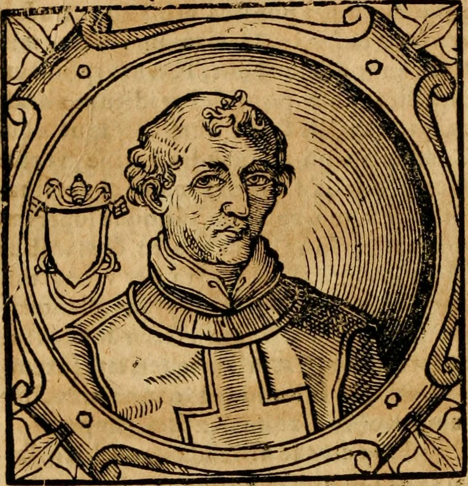 An illustration from Historia B. Platinae de vitis pontificum Romanorum : a D.N. Jesu Christo usque ad Paulum II. venetum papam : longe' quam antea emendatior, doctissimarumq[ue] annotationum Onuphrii Panuinii accessione nunc illustrior reddita : cui, eiusdem Onuphrii accurata atque fideli operâ, reliquorum pontificum vitae, usq[ue] ad Pium V. & Antonii Ciccarellae, usq[ue] ad Clementem VIII. qui hodiè sanctæ Romanae Catholicae ecclesiae præsidet, adiunctæ sunt : accesserunt nunc demum omnium pontificum verae effigies : omnia summo studio emendata & correcta, 1600, leaf 159