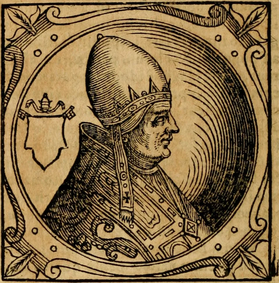 An illustration from Historia B. Platinae de vitis pontificum Romanorum : a D.N. Jesu Christo usque ad Paulum II. venetum papam : longe' quam antea emendatior, doctissimarumq[ue] annotationum Onuphrii Panuinii accessione nunc illustrior reddita : cui, eiusdem Onuphrii accurata atque fideli operâ, reliquorum pontificum vitae, usq[ue] ad Pium V. & Antonii Ciccarellae, usq[ue] ad Clementem VIII. qui hodiè sanctæ Romanae Catholicae ecclesiae præsidet, adiunctæ sunt : accesserunt nunc demum omnium pontificum verae effigies : omnia summo studio emendata & correcta, 1600, leaf 159
