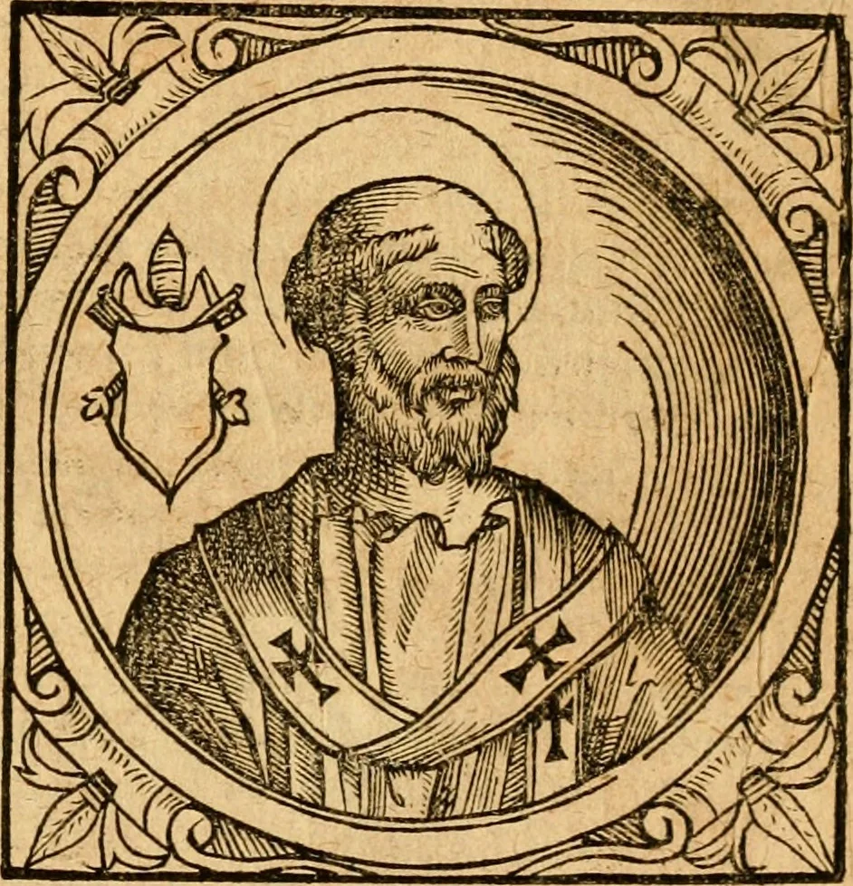 An illustration from Historia B. Platinae de vitis pontificum Romanorum : a D.N. Jesu Christo usque ad Paulum II. venetum papam : longe' quam antea emendatior, doctissimarumq[ue] annotationum Onuphrii Panuinii accessione nunc illustrior reddita : cui, eiusdem Onuphrii accurata atque fideli operâ, reliquorum pontificum vitae, usq[ue] ad Pium V. & Antonii Ciccarellae, usq[ue] ad Clementem VIII. qui hodiè sanctæ Romanae Catholicae ecclesiae præsidet, adiunctæ sunt : accesserunt nunc demum omnium pontificum verae effigies : omnia summo studio emendata & correcta, 1600, leaf 16