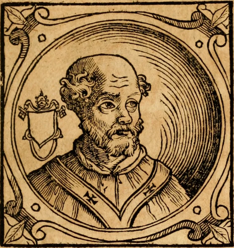 An illustration from Historia B. Platinae de vitis pontificum Romanorum : a D.N. Jesu Christo usque ad Paulum II. venetum papam : longe' quam antea emendatior, doctissimarumq[ue] annotationum Onuphrii Panuinii accessione nunc illustrior reddita : cui, eiusdem Onuphrii accurata atque fideli operâ, reliquorum pontificum vitae, usq[ue] ad Pium V. & Antonii Ciccarellae, usq[ue] ad Clementem VIII. qui hodiè sanctæ Romanae Catholicae ecclesiae præsidet, adiunctæ sunt : accesserunt nunc demum omnium pontificum verae effigies : omnia summo studio emendata & correcta, 1600, leaf 160