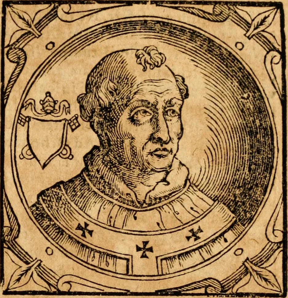 An illustration from Historia B. Platinae de vitis pontificum Romanorum : a D.N. Jesu Christo usque ad Paulum II. venetum papam : longe' quam antea emendatior, doctissimarumq[ue] annotationum Onuphrii Panuinii accessione nunc illustrior reddita : cui, eiusdem Onuphrii accurata atque fideli operâ, reliquorum pontificum vitae, usq[ue] ad Pium V. & Antonii Ciccarellae, usq[ue] ad Clementem VIII. qui hodiè sanctæ Romanae Catholicae ecclesiae præsidet, adiunctæ sunt : accesserunt nunc demum omnium pontificum verae effigies : omnia summo studio emendata & correcta, 1600, leaf 160