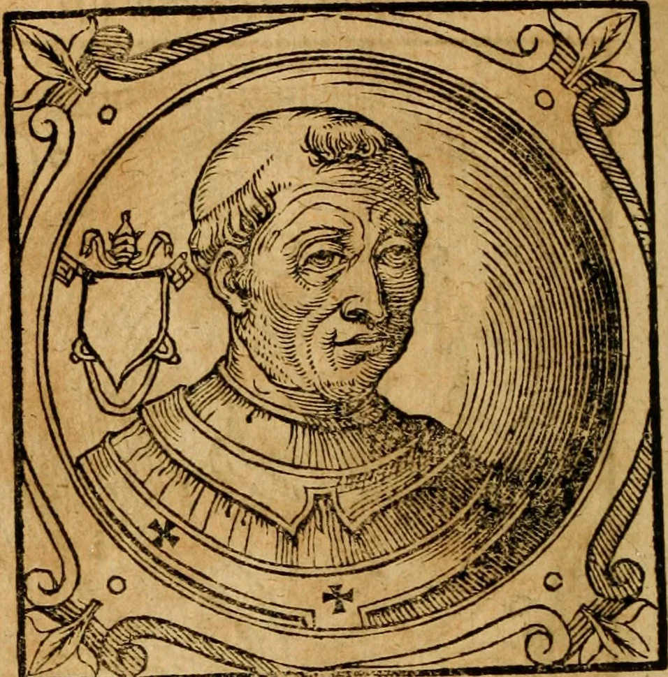 An illustration from Historia B. Platinae de vitis pontificum Romanorum : a D.N. Jesu Christo usque ad Paulum II. venetum papam : longe' quam antea emendatior, doctissimarumq[ue] annotationum Onuphrii Panuinii accessione nunc illustrior reddita : cui, eiusdem Onuphrii accurata atque fideli operâ, reliquorum pontificum vitae, usq[ue] ad Pium V. & Antonii Ciccarellae, usq[ue] ad Clementem VIII. qui hodiè sanctæ Romanae Catholicae ecclesiae præsidet, adiunctæ sunt : accesserunt nunc demum omnium pontificum verae effigies : omnia summo studio emendata & correcta, 1600, leaf 161