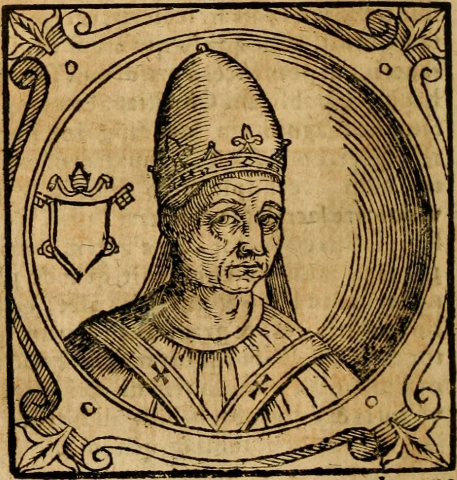 An illustration from Historia B. Platinae de vitis pontificum Romanorum : a D.N. Jesu Christo usque ad Paulum II. venetum papam : longe' quam antea emendatior, doctissimarumq[ue] annotationum Onuphrii Panuinii accessione nunc illustrior reddita : cui, eiusdem Onuphrii accurata atque fideli operâ, reliquorum pontificum vitae, usq[ue] ad Pium V. & Antonii Ciccarellae, usq[ue] ad Clementem VIII. qui hodiè sanctæ Romanae Catholicae ecclesiae præsidet, adiunctæ sunt : accesserunt nunc demum omnium pontificum verae effigies : omnia summo studio emendata & correcta, 1600, leaf 161