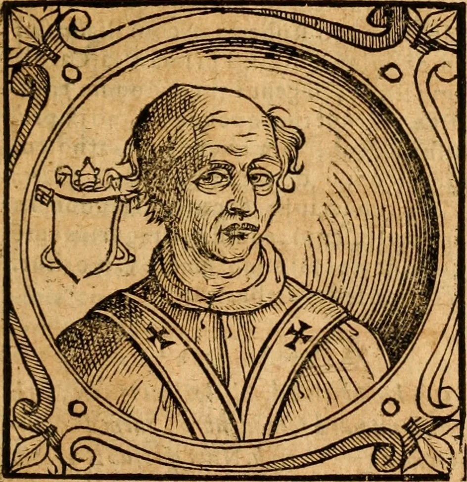 An illustration from Historia B. Platinae de vitis pontificum Romanorum : a D.N. Jesu Christo usque ad Paulum II. venetum papam : longe' quam antea emendatior, doctissimarumq[ue] annotationum Onuphrii Panuinii accessione nunc illustrior reddita : cui, eiusdem Onuphrii accurata atque fideli operâ, reliquorum pontificum vitae, usq[ue] ad Pium V. & Antonii Ciccarellae, usq[ue] ad Clementem VIII. qui hodiè sanctæ Romanae Catholicae ecclesiae præsidet, adiunctæ sunt : accesserunt nunc demum omnium pontificum verae effigies : omnia summo studio emendata & correcta, 1600, leaf 162