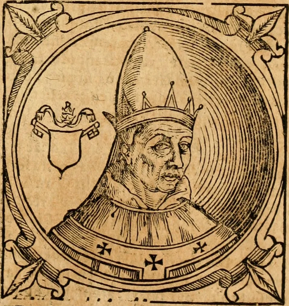 An illustration from Historia B. Platinae de vitis pontificum Romanorum : a D.N. Jesu Christo usque ad Paulum II. venetum papam : longe' quam antea emendatior, doctissimarumq[ue] annotationum Onuphrii Panuinii accessione nunc illustrior reddita : cui, eiusdem Onuphrii accurata atque fideli operâ, reliquorum pontificum vitae, usq[ue] ad Pium V. & Antonii Ciccarellae, usq[ue] ad Clementem VIII. qui hodiè sanctæ Romanae Catholicae ecclesiae præsidet, adiunctæ sunt : accesserunt nunc demum omnium pontificum verae effigies : omnia summo studio emendata & correcta, 1600, leaf 162