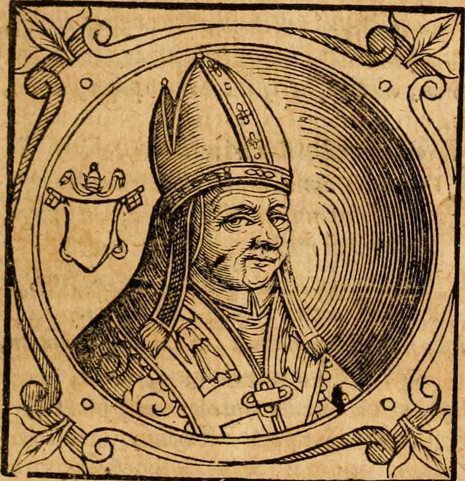 An illustration from Historia B. Platinae de vitis pontificum Romanorum : a D.N. Jesu Christo usque ad Paulum II. venetum papam : longe' quam antea emendatior, doctissimarumq[ue] annotationum Onuphrii Panuinii accessione nunc illustrior reddita : cui, eiusdem Onuphrii accurata atque fideli operâ, reliquorum pontificum vitae, usq[ue] ad Pium V. & Antonii Ciccarellae, usq[ue] ad Clementem VIII. qui hodiè sanctæ Romanae Catholicae ecclesiae præsidet, adiunctæ sunt : accesserunt nunc demum omnium pontificum verae effigies : omnia summo studio emendata & correcta, 1600, leaf 164