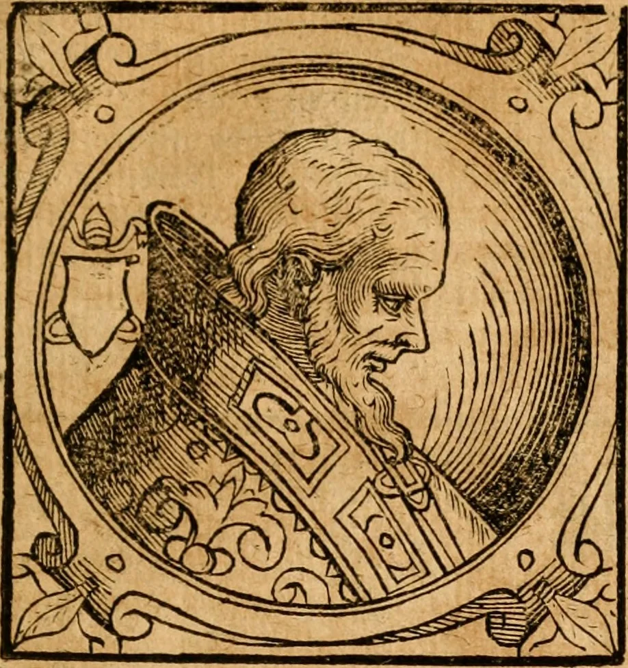An illustration from Historia B. Platinae de vitis pontificum Romanorum : a D.N. Jesu Christo usque ad Paulum II. venetum papam : longe' quam antea emendatior, doctissimarumq[ue] annotationum Onuphrii Panuinii accessione nunc illustrior reddita : cui, eiusdem Onuphrii accurata atque fideli operâ, reliquorum pontificum vitae, usq[ue] ad Pium V. & Antonii Ciccarellae, usq[ue] ad Clementem VIII. qui hodiè sanctæ Romanae Catholicae ecclesiae præsidet, adiunctæ sunt : accesserunt nunc demum omnium pontificum verae effigies : omnia summo studio emendata & correcta, 1600, leaf 166