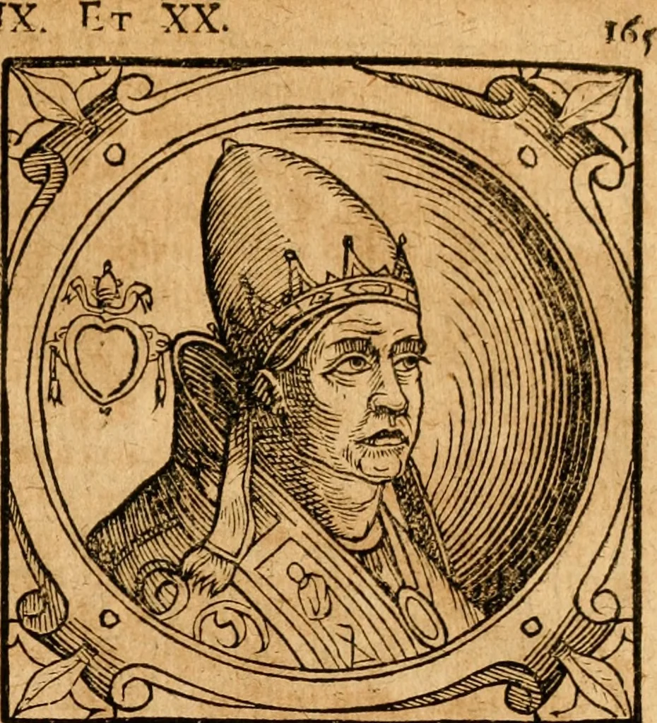 An illustration from Historia B. Platinae de vitis pontificum Romanorum : a D.N. Jesu Christo usque ad Paulum II. venetum papam : longe' quam antea emendatior, doctissimarumq[ue] annotationum Onuphrii Panuinii accessione nunc illustrior reddita : cui, eiusdem Onuphrii accurata atque fideli operâ, reliquorum pontificum vitae, usq[ue] ad Pium V. & Antonii Ciccarellae, usq[ue] ad Clementem VIII. qui hodiè sanctæ Romanae Catholicae ecclesiae præsidet, adiunctæ sunt : accesserunt nunc demum omnium pontificum verae effigies : omnia summo studio emendata & correcta, 1600, leaf 166