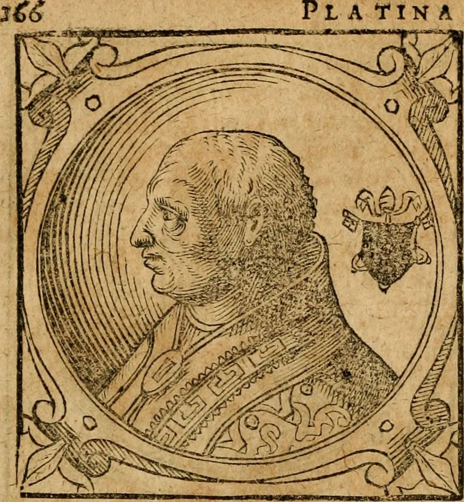 An illustration from Historia B. Platinae de vitis pontificum Romanorum : a D.N. Jesu Christo usque ad Paulum II. venetum papam : longe' quam antea emendatior, doctissimarumq[ue] annotationum Onuphrii Panuinii accessione nunc illustrior reddita : cui, eiusdem Onuphrii accurata atque fideli operâ, reliquorum pontificum vitae, usq[ue] ad Pium V. & Antonii Ciccarellae, usq[ue] ad Clementem VIII. qui hodiè sanctæ Romanae Catholicae ecclesiae præsidet, adiunctæ sunt : accesserunt nunc demum omnium pontificum verae effigies : omnia summo studio emendata & correcta, 1600, leaf 167