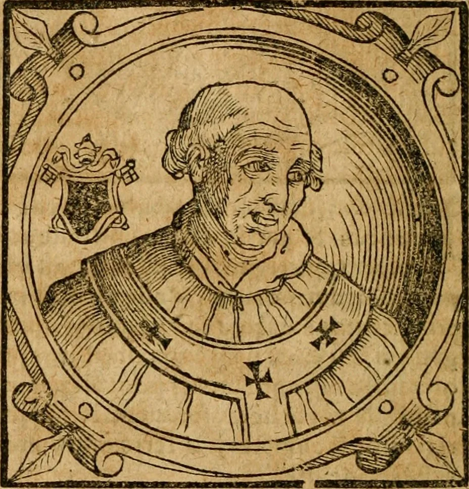 An illustration from Historia B. Platinae de vitis pontificum Romanorum : a D.N. Jesu Christo usque ad Paulum II. venetum papam : longe' quam antea emendatior, doctissimarumq[ue] annotationum Onuphrii Panuinii accessione nunc illustrior reddita : cui, eiusdem Onuphrii accurata atque fideli operâ, reliquorum pontificum vitae, usq[ue] ad Pium V. & Antonii Ciccarellae, usq[ue] ad Clementem VIII. qui hodiè sanctæ Romanae Catholicae ecclesiae præsidet, adiunctæ sunt : accesserunt nunc demum omnium pontificum verae effigies : omnia summo studio emendata & correcta, 1600, leaf 167
