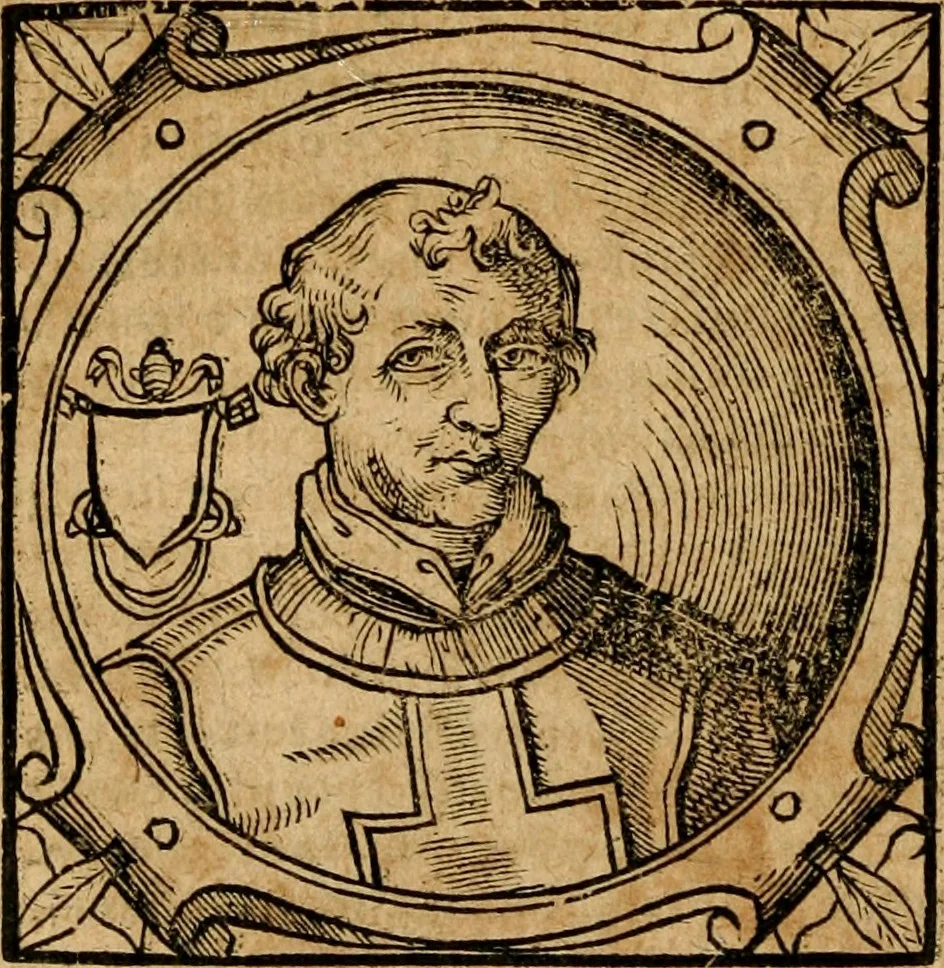 An illustration from Historia B. Platinae de vitis pontificum Romanorum : a D.N. Jesu Christo usque ad Paulum II. venetum papam : longe' quam antea emendatior, doctissimarumq[ue] annotationum Onuphrii Panuinii accessione nunc illustrior reddita : cui, eiusdem Onuphrii accurata atque fideli operâ, reliquorum pontificum vitae, usq[ue] ad Pium V. & Antonii Ciccarellae, usq[ue] ad Clementem VIII. qui hodiè sanctæ Romanae Catholicae ecclesiae præsidet, adiunctæ sunt : accesserunt nunc demum omnium pontificum verae effigies : omnia summo studio emendata & correcta, 1600, leaf 169