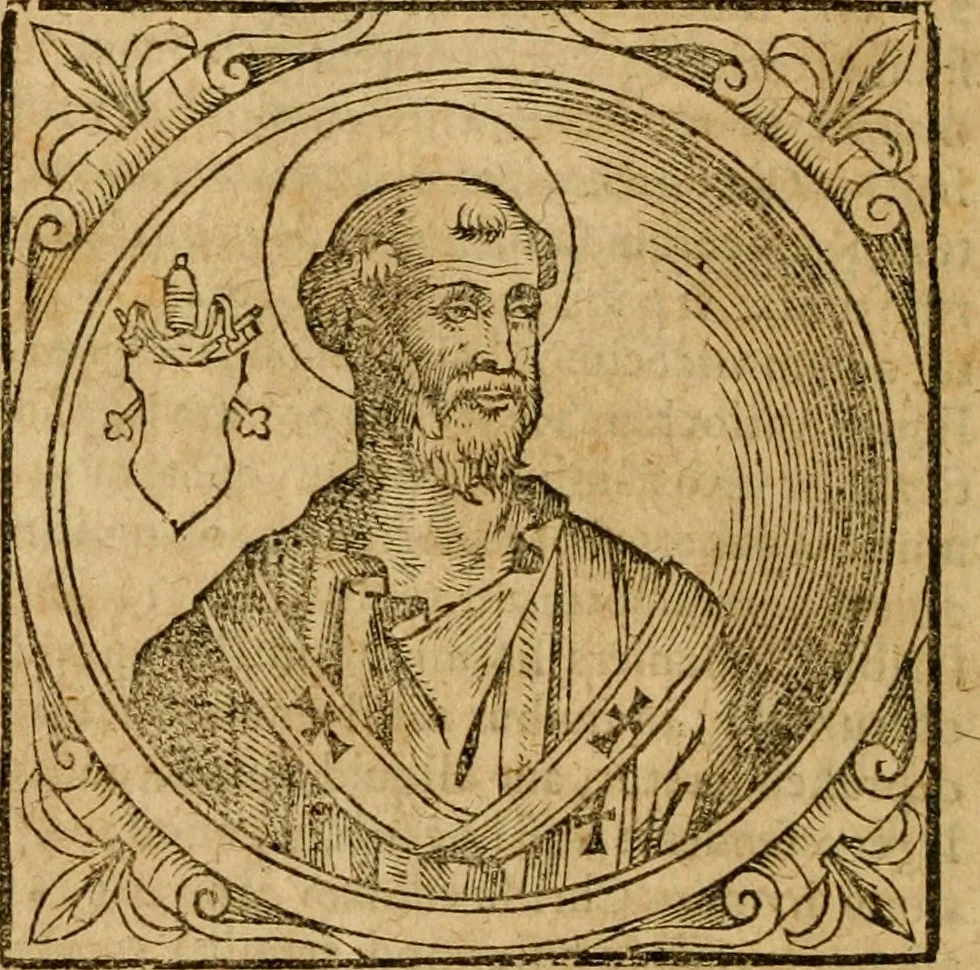 An illustration from Historia B. Platinae de vitis pontificum Romanorum : a D.N. Jesu Christo usque ad Paulum II. venetum papam : longe' quam antea emendatior, doctissimarumq[ue] annotationum Onuphrii Panuinii accessione nunc illustrior reddita : cui, eiusdem Onuphrii accurata atque fideli operâ, reliquorum pontificum vitae, usq[ue] ad Pium V. & Antonii Ciccarellae, usq[ue] ad Clementem VIII. qui hodiè sanctæ Romanae Catholicae ecclesiae præsidet, adiunctæ sunt : accesserunt nunc demum omnium pontificum verae effigies : omnia summo studio emendata & correcta, 1600, leaf 17
