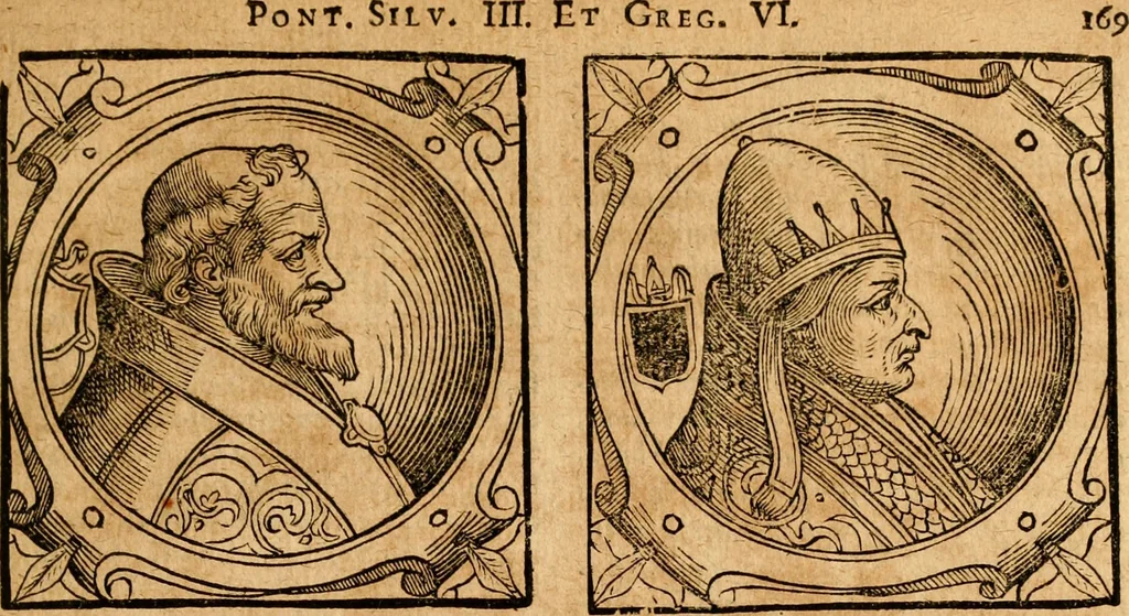 An illustration from Historia B. Platinae de vitis pontificum Romanorum : a D.N. Jesu Christo usque ad Paulum II. venetum papam : longe' quam antea emendatior, doctissimarumq[ue] annotationum Onuphrii Panuinii accessione nunc illustrior reddita : cui, eiusdem Onuphrii accurata atque fideli operâ, reliquorum pontificum vitae, usq[ue] ad Pium V. & Antonii Ciccarellae, usq[ue] ad Clementem VIII. qui hodiè sanctæ Romanae Catholicae ecclesiae præsidet, adiunctæ sunt : accesserunt nunc demum omnium pontificum verae effigies : omnia summo studio emendata & correcta, 1600, leaf 170