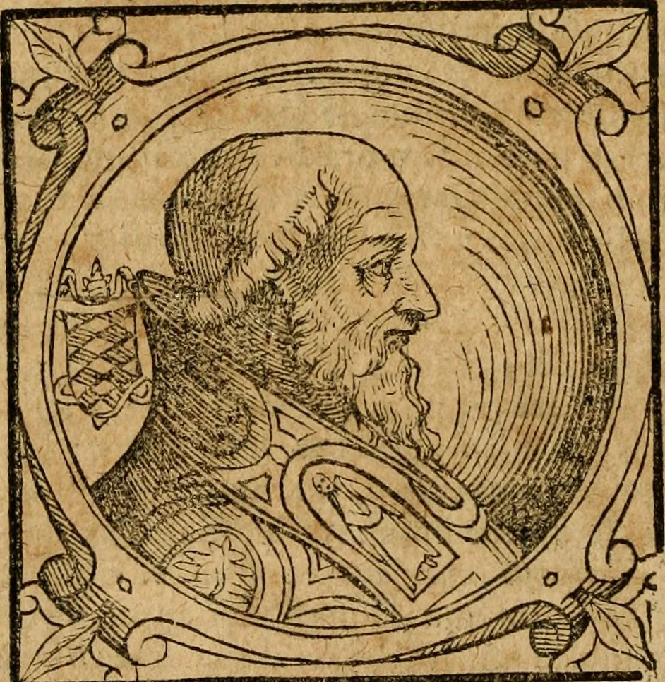 An illustration from Historia B. Platinae de vitis pontificum Romanorum : a D.N. Jesu Christo usque ad Paulum II. venetum papam : longe' quam antea emendatior, doctissimarumq[ue] annotationum Onuphrii Panuinii accessione nunc illustrior reddita : cui, eiusdem Onuphrii accurata atque fideli operâ, reliquorum pontificum vitae, usq[ue] ad Pium V. & Antonii Ciccarellae, usq[ue] ad Clementem VIII. qui hodiè sanctæ Romanae Catholicae ecclesiae præsidet, adiunctæ sunt : accesserunt nunc demum omnium pontificum verae effigies : omnia summo studio emendata & correcta, 1600, leaf 171