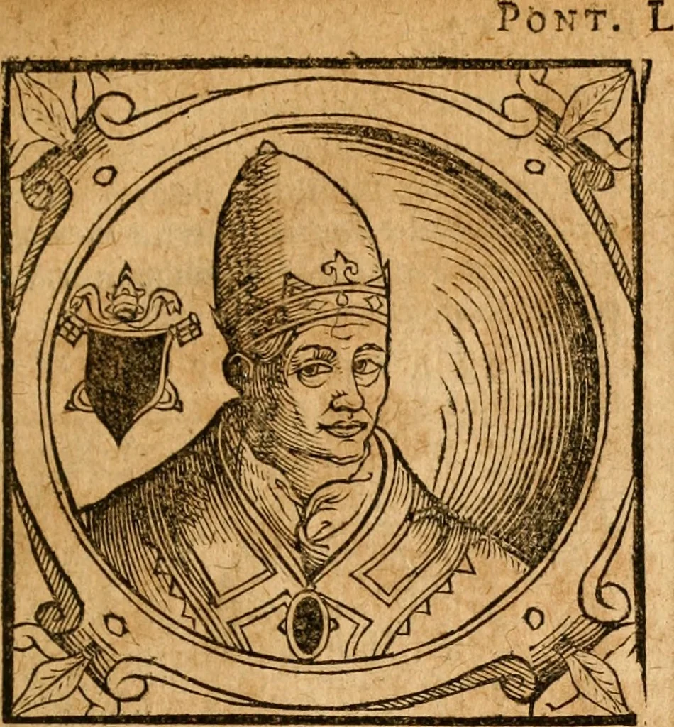 An illustration from Historia B. Platinae de vitis pontificum Romanorum : a D.N. Jesu Christo usque ad Paulum II. venetum papam : longe' quam antea emendatior, doctissimarumq[ue] annotationum Onuphrii Panuinii accessione nunc illustrior reddita : cui, eiusdem Onuphrii accurata atque fideli operâ, reliquorum pontificum vitae, usq[ue] ad Pium V. & Antonii Ciccarellae, usq[ue] ad Clementem VIII. qui hodiè sanctæ Romanae Catholicae ecclesiae præsidet, adiunctæ sunt : accesserunt nunc demum omnium pontificum verae effigies : omnia summo studio emendata & correcta, 1600, leaf 172