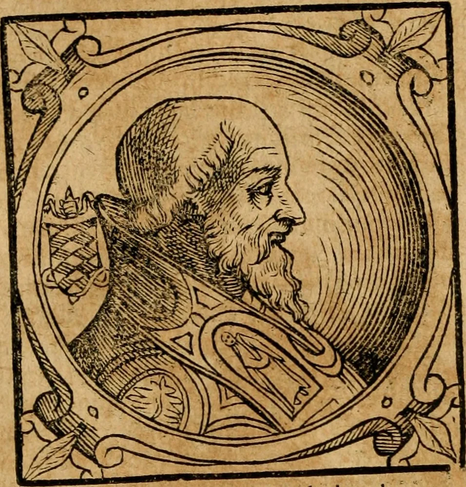An illustration from Historia B. Platinae de vitis pontificum Romanorum : a D.N. Jesu Christo usque ad Paulum II. venetum papam : longe' quam antea emendatior, doctissimarumq[ue] annotationum Onuphrii Panuinii accessione nunc illustrior reddita : cui, eiusdem Onuphrii accurata atque fideli operâ, reliquorum pontificum vitae, usq[ue] ad Pium V. & Antonii Ciccarellae, usq[ue] ad Clementem VIII. qui hodiè sanctæ Romanae Catholicae ecclesiae præsidet, adiunctæ sunt : accesserunt nunc demum omnium pontificum verae effigies : omnia summo studio emendata & correcta, 1600, leaf 173