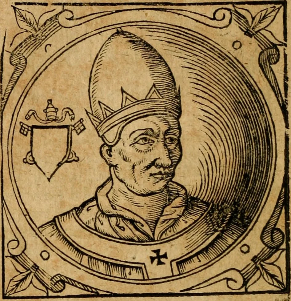 An illustration from Historia B. Platinae de vitis pontificum Romanorum : a D.N. Jesu Christo usque ad Paulum II. venetum papam : longe' quam antea emendatior, doctissimarumq[ue] annotationum Onuphrii Panuinii accessione nunc illustrior reddita : cui, eiusdem Onuphrii accurata atque fideli operâ, reliquorum pontificum vitae, usq[ue] ad Pium V. & Antonii Ciccarellae, usq[ue] ad Clementem VIII. qui hodiè sanctæ Romanae Catholicae ecclesiae præsidet, adiunctæ sunt : accesserunt nunc demum omnium pontificum verae effigies : omnia summo studio emendata & correcta, 1600, leaf 173