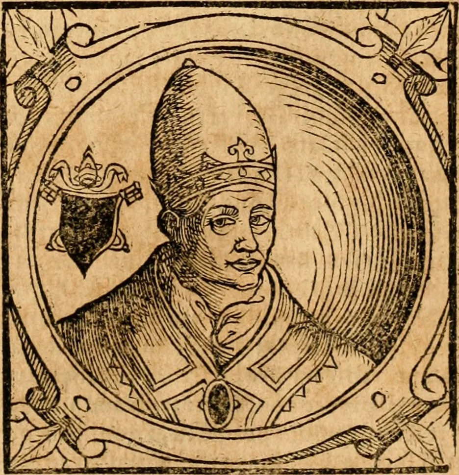 An illustration from Historia B. Platinae de vitis pontificum Romanorum : a D.N. Jesu Christo usque ad Paulum II. venetum papam : longe' quam antea emendatior, doctissimarumq[ue] annotationum Onuphrii Panuinii accessione nunc illustrior reddita : cui, eiusdem Onuphrii accurata atque fideli operâ, reliquorum pontificum vitae, usq[ue] ad Pium V. & Antonii Ciccarellae, usq[ue] ad Clementem VIII. qui hodiè sanctæ Romanae Catholicae ecclesiae præsidet, adiunctæ sunt : accesserunt nunc demum omnium pontificum verae effigies : omnia summo studio emendata & correcta, 1600, leaf 174