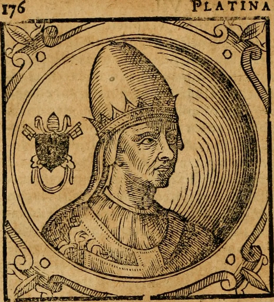 An illustration from Historia B. Platinae de vitis pontificum Romanorum : a D.N. Jesu Christo usque ad Paulum II. venetum papam : longe' quam antea emendatior, doctissimarumq[ue] annotationum Onuphrii Panuinii accessione nunc illustrior reddita : cui, eiusdem Onuphrii accurata atque fideli operâ, reliquorum pontificum vitae, usq[ue] ad Pium V. & Antonii Ciccarellae, usq[ue] ad Clementem VIII. qui hodiè sanctæ Romanae Catholicae ecclesiae præsidet, adiunctæ sunt : accesserunt nunc demum omnium pontificum verae effigies : omnia summo studio emendata & correcta, 1600, leaf 177