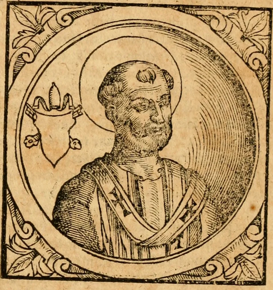 An illustration from Historia B. Platinae de vitis pontificum Romanorum : a D.N. Jesu Christo usque ad Paulum II. venetum papam : longe' quam antea emendatior, doctissimarumq[ue] annotationum Onuphrii Panuinii accessione nunc illustrior reddita : cui, eiusdem Onuphrii accurata atque fideli operâ, reliquorum pontificum vitae, usq[ue] ad Pium V. & Antonii Ciccarellae, usq[ue] ad Clementem VIII. qui hodiè sanctæ Romanae Catholicae ecclesiae præsidet, adiunctæ sunt : accesserunt nunc demum omnium pontificum verae effigies : omnia summo studio emendata & correcta, 1600, leaf 18