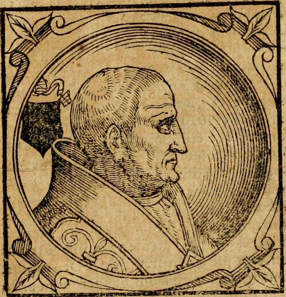 An illustration from Historia B. Platinae de vitis pontificum Romanorum : a D.N. Jesu Christo usque ad Paulum II. venetum papam : longe' quam antea emendatior, doctissimarumq[ue] annotationum Onuphrii Panuinii accessione nunc illustrior reddita : cui, eiusdem Onuphrii accurata atque fideli operâ, reliquorum pontificum vitae, usq[ue] ad Pium V. & Antonii Ciccarellae, usq[ue] ad Clementem VIII. qui hodiè sanctæ Romanae Catholicae ecclesiae præsidet, adiunctæ sunt : accesserunt nunc demum omnium pontificum verae effigies : omnia summo studio emendata & correcta, 1600, leaf 183