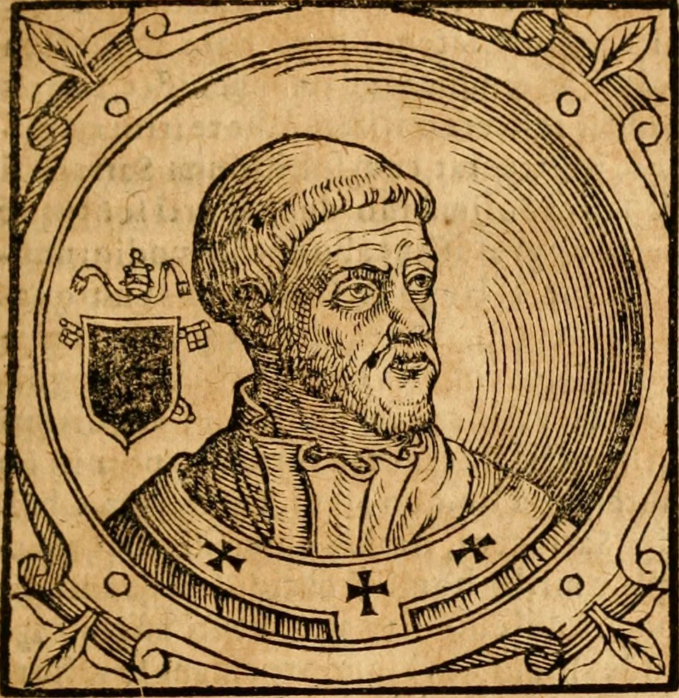 An illustration from Historia B. Platinae de vitis pontificum Romanorum : a D.N. Jesu Christo usque ad Paulum II. venetum papam : longe' quam antea emendatior, doctissimarumq[ue] annotationum Onuphrii Panuinii accessione nunc illustrior reddita : cui, eiusdem Onuphrii accurata atque fideli operâ, reliquorum pontificum vitae, usq[ue] ad Pium V. & Antonii Ciccarellae, usq[ue] ad Clementem VIII. qui hodiè sanctæ Romanae Catholicae ecclesiae præsidet, adiunctæ sunt : accesserunt nunc demum omnium pontificum verae effigies : omnia summo studio emendata & correcta, 1600, leaf 184
