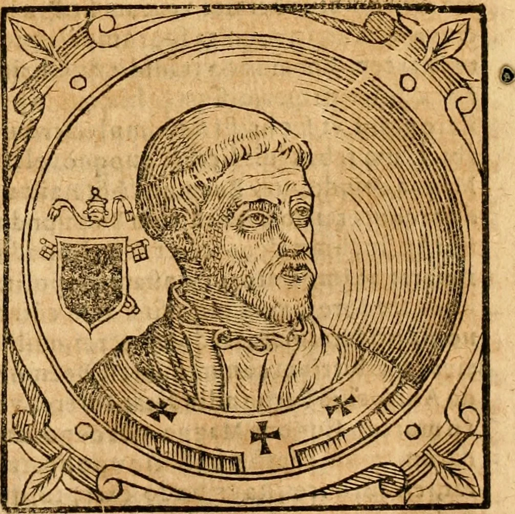 An illustration from Historia B. Platinae de vitis pontificum Romanorum : a D.N. Jesu Christo usque ad Paulum II. venetum papam : longe' quam antea emendatior, doctissimarumq[ue] annotationum Onuphrii Panuinii accessione nunc illustrior reddita : cui, eiusdem Onuphrii accurata atque fideli operâ, reliquorum pontificum vitae, usq[ue] ad Pium V. & Antonii Ciccarellae, usq[ue] ad Clementem VIII. qui hodiè sanctæ Romanae Catholicae ecclesiae præsidet, adiunctæ sunt : accesserunt nunc demum omnium pontificum verae effigies : omnia summo studio emendata & correcta, 1600, leaf 186