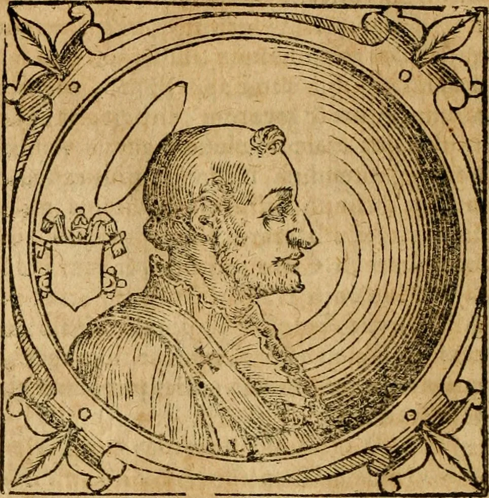 An illustration from Historia B. Platinae de vitis pontificum Romanorum : a D.N. Jesu Christo usque ad Paulum II. venetum papam : longe' quam antea emendatior, doctissimarumq[ue] annotationum Onuphrii Panuinii accessione nunc illustrior reddita : cui, eiusdem Onuphrii accurata atque fideli operâ, reliquorum pontificum vitae, usq[ue] ad Pium V. & Antonii Ciccarellae, usq[ue] ad Clementem VIII. qui hodiè sanctæ Romanae Catholicae ecclesiae præsidet, adiunctæ sunt : accesserunt nunc demum omnium pontificum verae effigies : omnia summo studio emendata & correcta, 1600, leaf 19