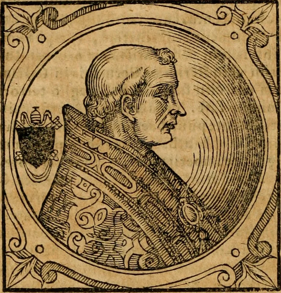 An illustration from Historia B. Platinae de vitis pontificum Romanorum : a D.N. Jesu Christo usque ad Paulum II. venetum papam : longe' quam antea emendatior, doctissimarumq[ue] annotationum Onuphrii Panuinii accessione nunc illustrior reddita : cui, eiusdem Onuphrii accurata atque fideli operâ, reliquorum pontificum vitae, usq[ue] ad Pium V. & Antonii Ciccarellae, usq[ue] ad Clementem VIII. qui hodiè sanctæ Romanae Catholicae ecclesiae præsidet, adiunctæ sunt : accesserunt nunc demum omnium pontificum verae effigies : omnia summo studio emendata & correcta, 1600, leaf 193