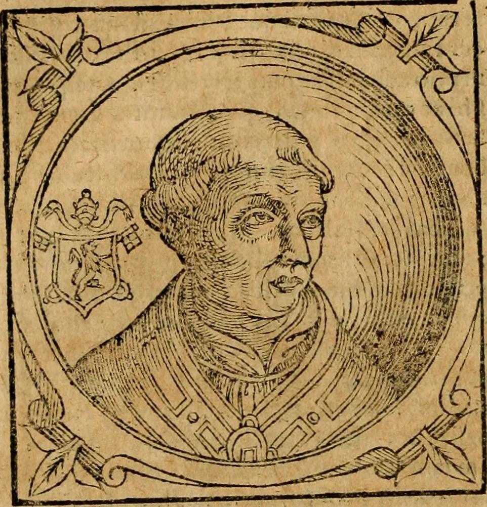 An illustration from Historia B. Platinae de vitis pontificum Romanorum : a D.N. Jesu Christo usque ad Paulum II. venetum papam : longe' quam antea emendatior, doctissimarumq[ue] annotationum Onuphrii Panuinii accessione nunc illustrior reddita : cui, eiusdem Onuphrii accurata atque fideli operâ, reliquorum pontificum vitae, usq[ue] ad Pium V. & Antonii Ciccarellae, usq[ue] ad Clementem VIII. qui hodiè sanctæ Romanae Catholicae ecclesiae præsidet, adiunctæ sunt : accesserunt nunc demum omnium pontificum verae effigies : omnia summo studio emendata & correcta, 1600, leaf 195
