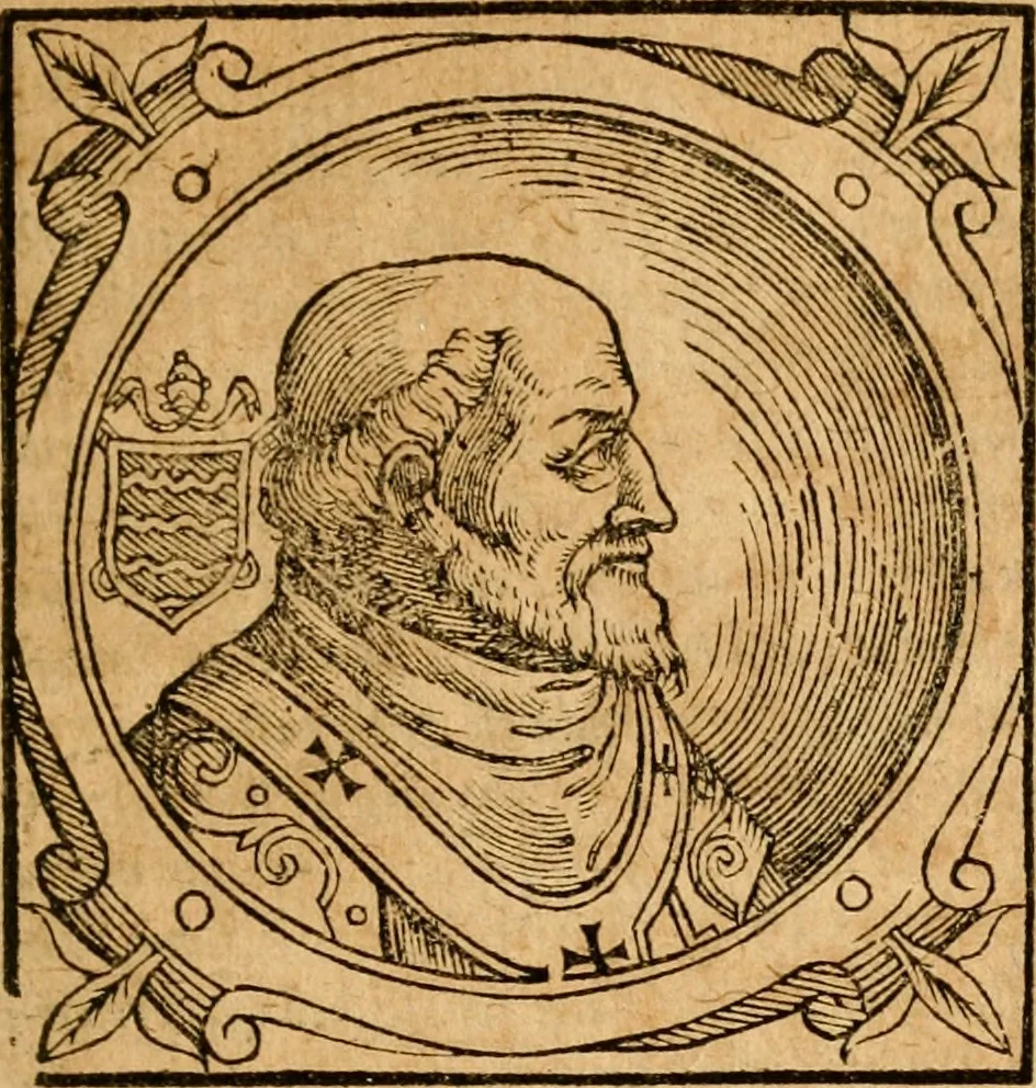 An illustration from Historia B. Platinae de vitis pontificum Romanorum : a D.N. Jesu Christo usque ad Paulum II. venetum papam : longe' quam antea emendatior, doctissimarumq[ue] annotationum Onuphrii Panuinii accessione nunc illustrior reddita : cui, eiusdem Onuphrii accurata atque fideli operâ, reliquorum pontificum vitae, usq[ue] ad Pium V. & Antonii Ciccarellae, usq[ue] ad Clementem VIII. qui hodiè sanctæ Romanae Catholicae ecclesiae præsidet, adiunctæ sunt : accesserunt nunc demum omnium pontificum verae effigies : omnia summo studio emendata & correcta, 1600, leaf 198