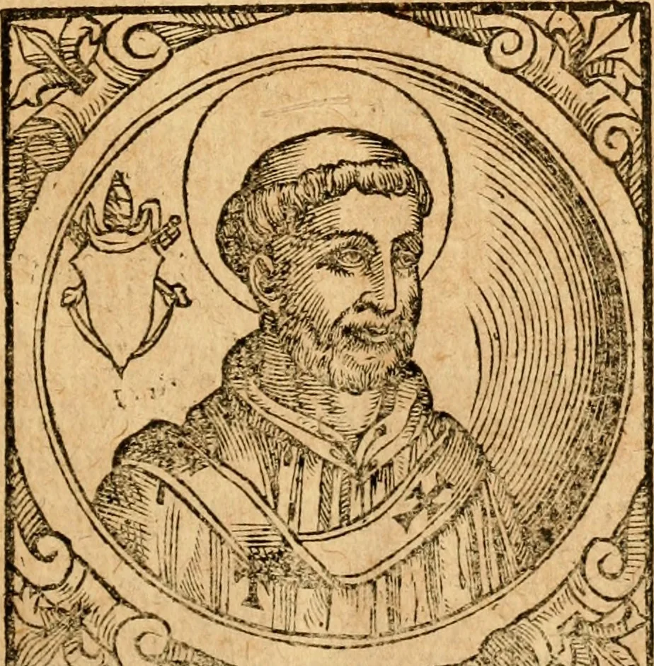 An illustration from Historia B. Platinae de vitis pontificum Romanorum : a D.N. Jesu Christo usque ad Paulum II. venetum papam : longe' quam antea emendatior, doctissimarumq[ue] annotationum Onuphrii Panuinii accessione nunc illustrior reddita : cui, eiusdem Onuphrii accurata atque fideli operâ, reliquorum pontificum vitae, usq[ue] ad Pium V. & Antonii Ciccarellae, usq[ue] ad Clementem VIII. qui hodiè sanctæ Romanae Catholicae ecclesiae præsidet, adiunctæ sunt : accesserunt nunc demum omnium pontificum verae effigies : omnia summo studio emendata & correcta, 1600, leaf 20