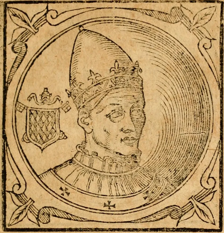 An illustration from Historia B. Platinae de vitis pontificum Romanorum : a D.N. Jesu Christo usque ad Paulum II. venetum papam : longe' quam antea emendatior, doctissimarumq[ue] annotationum Onuphrii Panuinii accessione nunc illustrior reddita : cui, eiusdem Onuphrii accurata atque fideli operâ, reliquorum pontificum vitae, usq[ue] ad Pium V. & Antonii Ciccarellae, usq[ue] ad Clementem VIII. qui hodiè sanctæ Romanae Catholicae ecclesiae præsidet, adiunctæ sunt : accesserunt nunc demum omnium pontificum verae effigies : omnia summo studio emendata & correcta, 1600, leaf 200