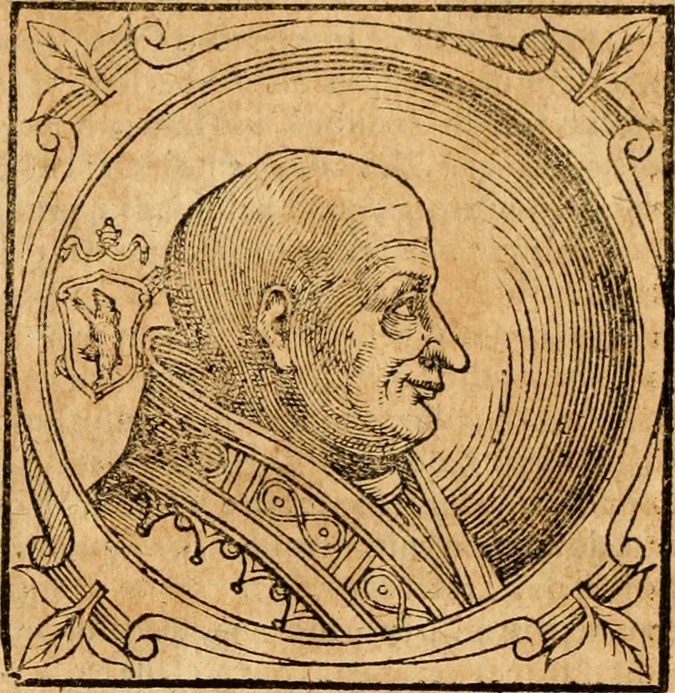 An illustration from Historia B. Platinae de vitis pontificum Romanorum : a D.N. Jesu Christo usque ad Paulum II. venetum papam : longe' quam antea emendatior, doctissimarumq[ue] annotationum Onuphrii Panuinii accessione nunc illustrior reddita : cui, eiusdem Onuphrii accurata atque fideli operâ, reliquorum pontificum vitae, usq[ue] ad Pium V. & Antonii Ciccarellae, usq[ue] ad Clementem VIII. qui hodiè sanctæ Romanae Catholicae ecclesiae præsidet, adiunctæ sunt : accesserunt nunc demum omnium pontificum verae effigies : omnia summo studio emendata & correcta, 1600, leaf 200