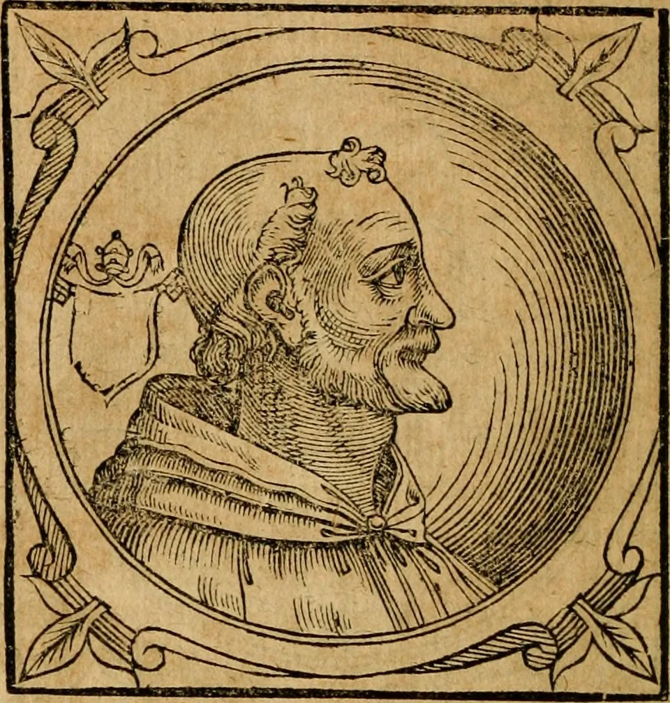 An illustration from Historia B. Platinae de vitis pontificum Romanorum : a D.N. Jesu Christo usque ad Paulum II. venetum papam : longe' quam antea emendatior, doctissimarumq[ue] annotationum Onuphrii Panuinii accessione nunc illustrior reddita : cui, eiusdem Onuphrii accurata atque fideli operâ, reliquorum pontificum vitae, usq[ue] ad Pium V. & Antonii Ciccarellae, usq[ue] ad Clementem VIII. qui hodiè sanctæ Romanae Catholicae ecclesiae præsidet, adiunctæ sunt : accesserunt nunc demum omnium pontificum verae effigies : omnia summo studio emendata & correcta, 1600, leaf 201