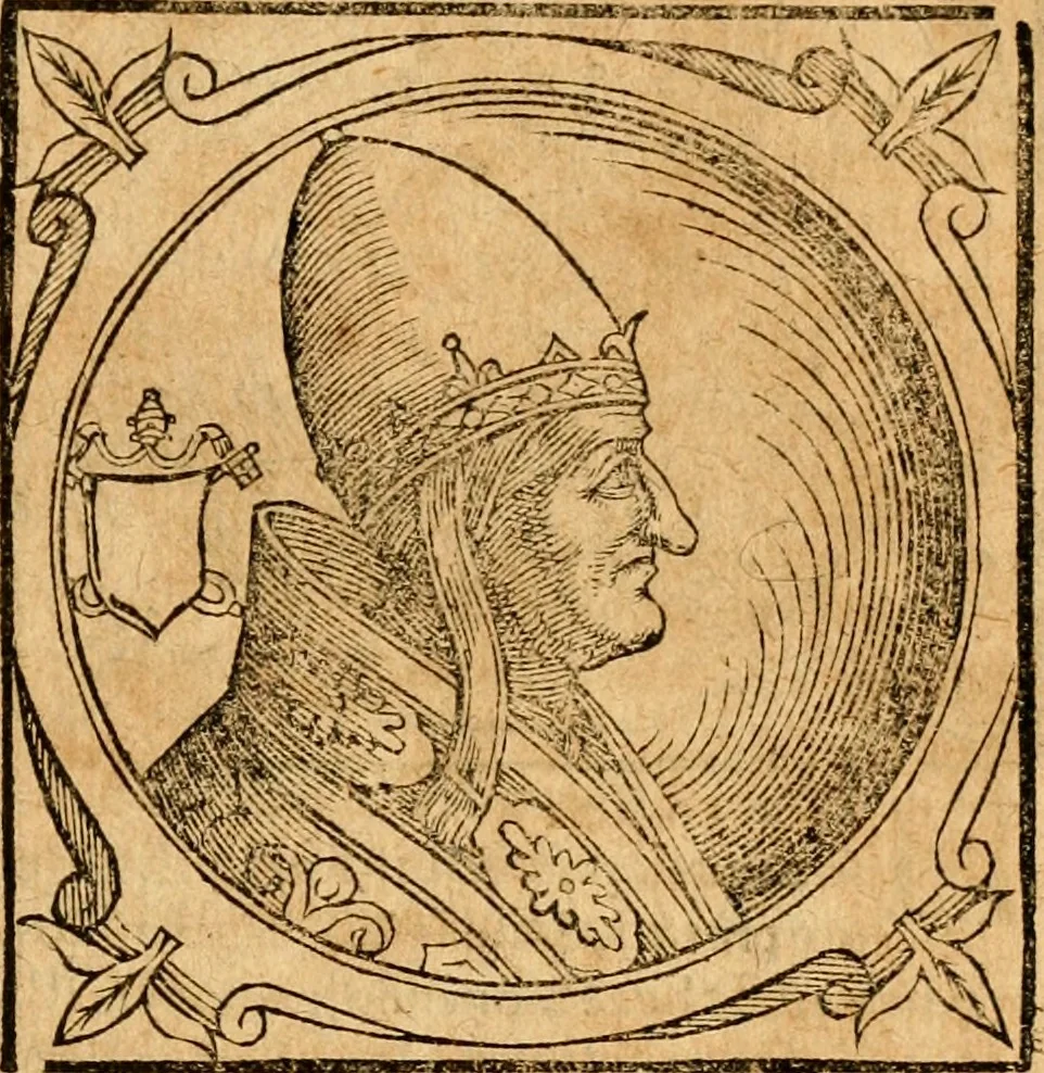 An illustration from Historia B. Platinae de vitis pontificum Romanorum : a D.N. Jesu Christo usque ad Paulum II. venetum papam : longe' quam antea emendatior, doctissimarumq[ue] annotationum Onuphrii Panuinii accessione nunc illustrior reddita : cui, eiusdem Onuphrii accurata atque fideli operâ, reliquorum pontificum vitae, usq[ue] ad Pium V. & Antonii Ciccarellae, usq[ue] ad Clementem VIII. qui hodiè sanctæ Romanae Catholicae ecclesiae præsidet, adiunctæ sunt : accesserunt nunc demum omnium pontificum verae effigies : omnia summo studio emendata & correcta, 1600, leaf 202