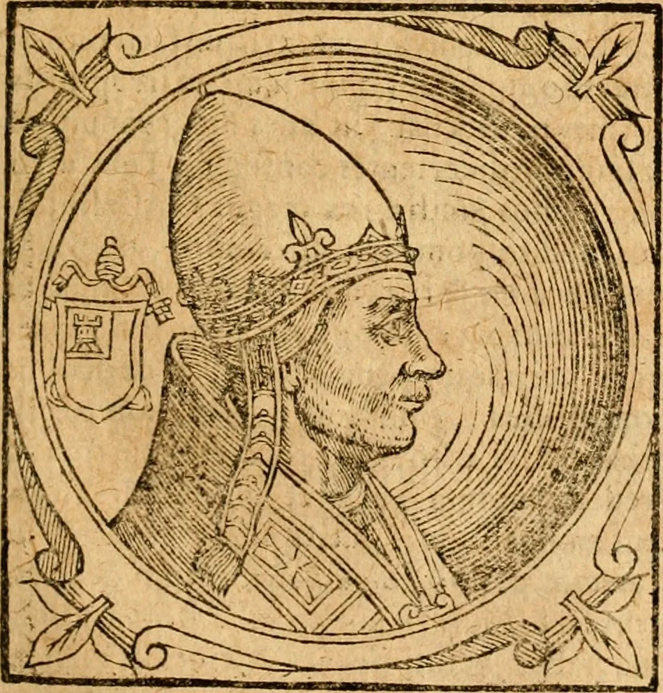 An illustration from Historia B. Platinae de vitis pontificum Romanorum : a D.N. Jesu Christo usque ad Paulum II. venetum papam : longe' quam antea emendatior, doctissimarumq[ue] annotationum Onuphrii Panuinii accessione nunc illustrior reddita : cui, eiusdem Onuphrii accurata atque fideli operâ, reliquorum pontificum vitae, usq[ue] ad Pium V. & Antonii Ciccarellae, usq[ue] ad Clementem VIII. qui hodiè sanctæ Romanae Catholicae ecclesiae præsidet, adiunctæ sunt : accesserunt nunc demum omnium pontificum verae effigies : omnia summo studio emendata & correcta, 1600, leaf 204