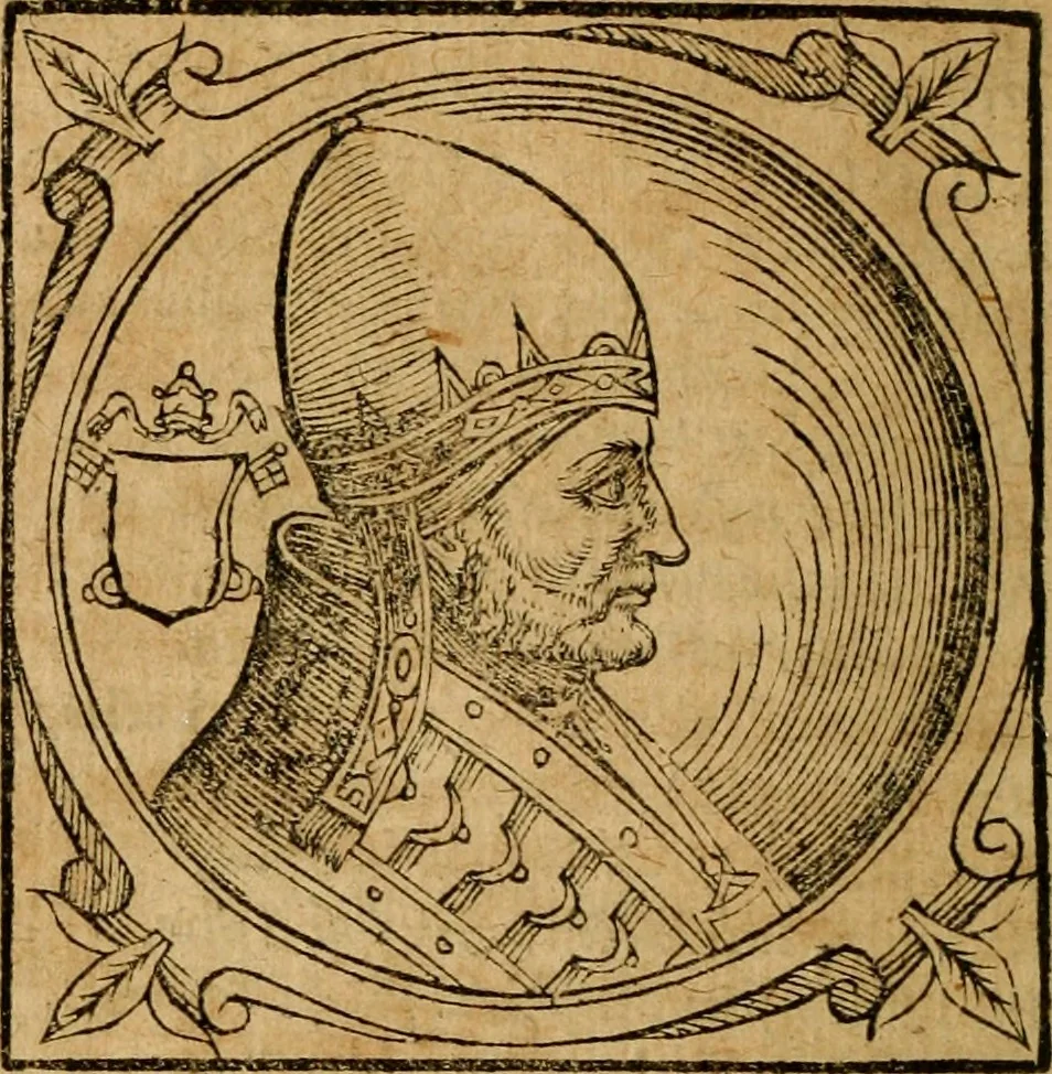 An illustration from Historia B. Platinae de vitis pontificum Romanorum : a D.N. Jesu Christo usque ad Paulum II. venetum papam : longe' quam antea emendatior, doctissimarumq[ue] annotationum Onuphrii Panuinii accessione nunc illustrior reddita : cui, eiusdem Onuphrii accurata atque fideli operâ, reliquorum pontificum vitae, usq[ue] ad Pium V. & Antonii Ciccarellae, usq[ue] ad Clementem VIII. qui hodiè sanctæ Romanae Catholicae ecclesiae præsidet, adiunctæ sunt : accesserunt nunc demum omnium pontificum verae effigies : omnia summo studio emendata & correcta, 1600, leaf 209